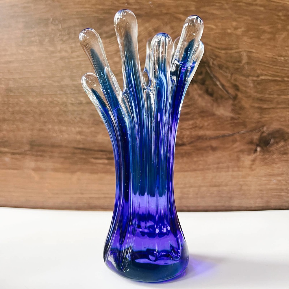 Vintage Viking glass 10 finger Mid Century glass vase, Cobalt blue glass vase
